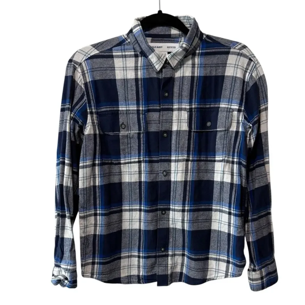 Old Navy Flannel Plaid Button Down Long Sleeve Shirt Blue White Size XL Boys
